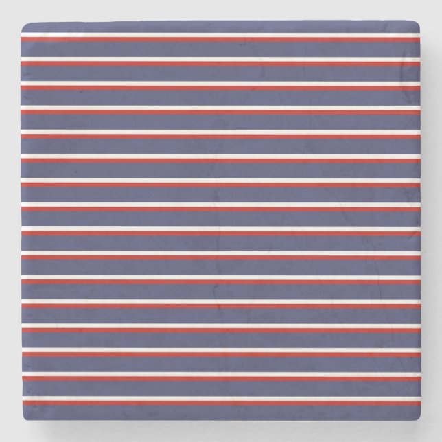 Navy Blue Red Stripe Pattern Stone Coaster (Front)