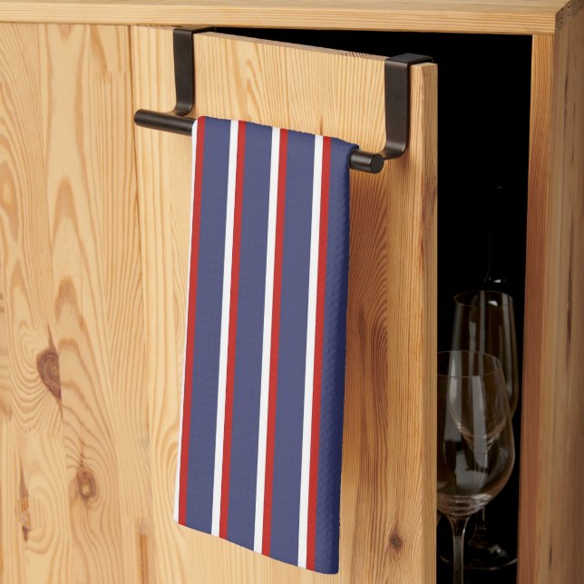 Navy Blue Red Stripe Pattern Tea Towel (Thirds Fold)