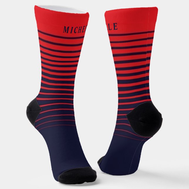 Navy Blue Red Striped For Custom Name  Socks (Angled)
