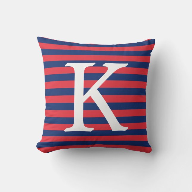 Navy Blue & Red Stripes Monogram Cushion (Front)