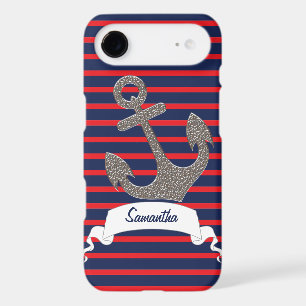 Navy Blue Red Stripes Silver Anchor Ribbon Name