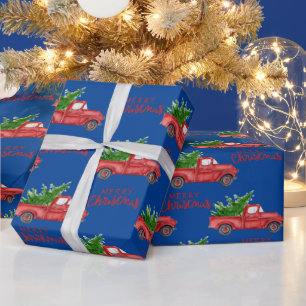 Navy Blue Red Truck Christmas Gifts Wrap Wrapping Paper