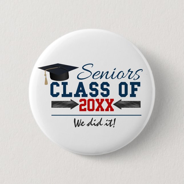 Navy Blue Red Typography Graduation Button (Front)