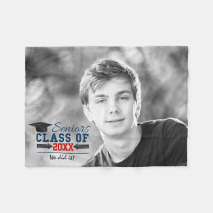 Navy Blue Red Typography Graduation Fleece Blanket