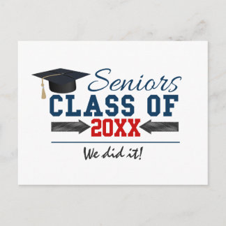 Navy Blue Red Typography Graduation postcard