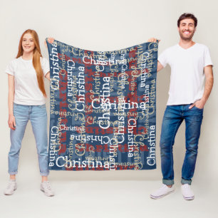 Navy Blue Red White Name Collage Personalized Fleece Blanket
