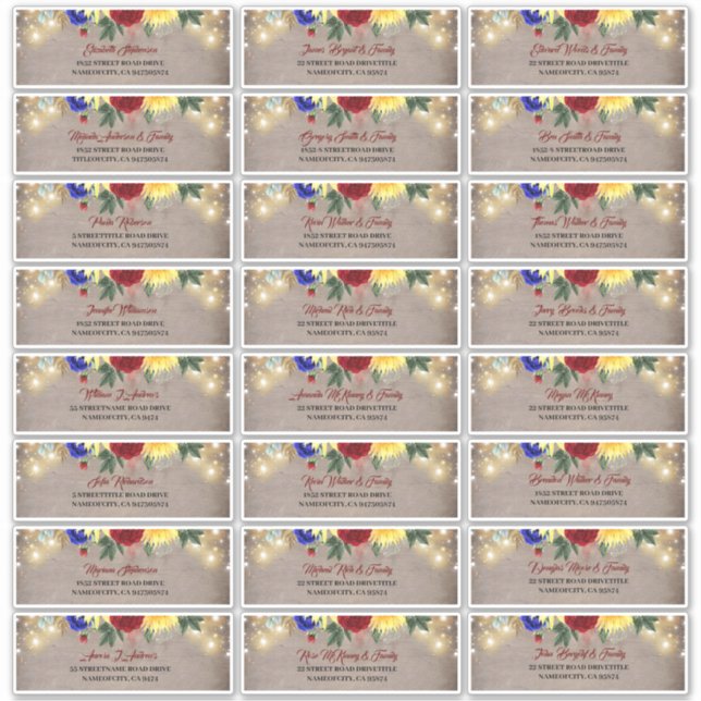 Navy Blue Red Yellow Guest Names Address Labels (Front)