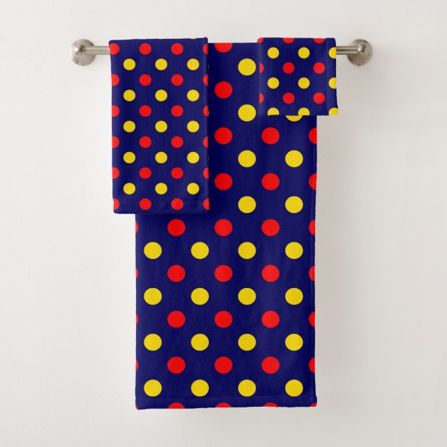 Navy Blue Red Yellow Polka Dots Design  Bath Towel Set (Insitu)