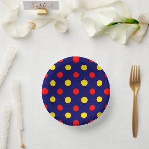 Navy Blue Red Yellow Polka Dots Design  Paper Plate