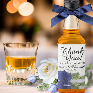 Navy Blue Reflecting Rose Wedding Thank You Mini Liquor Bottle Label
