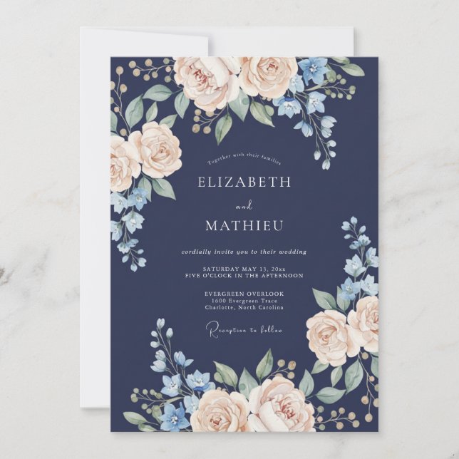 Navy Blue Regal Spring Wedding Invitation (Front)