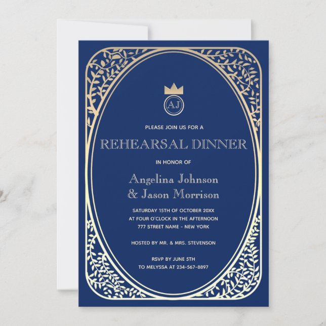 Navy Blue Rehearsal Dinner Invitation (Front)