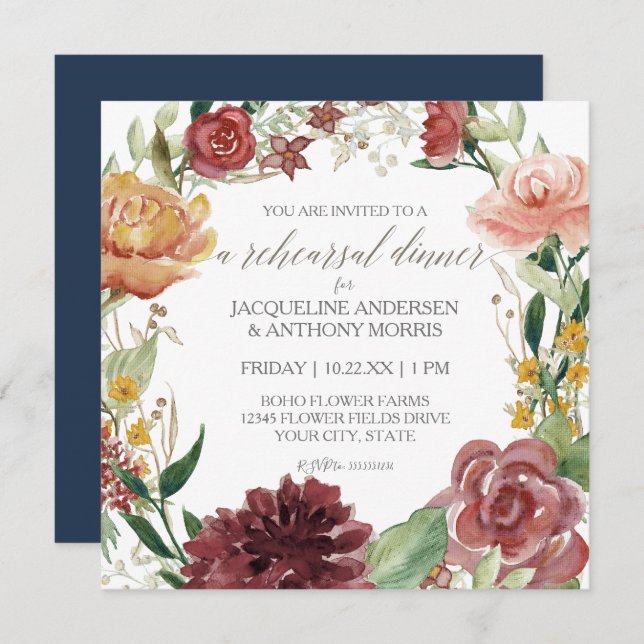 Navy Blue Rehearsal Dinner Rustic Floral Red Rose Invitation (Front/Back)
