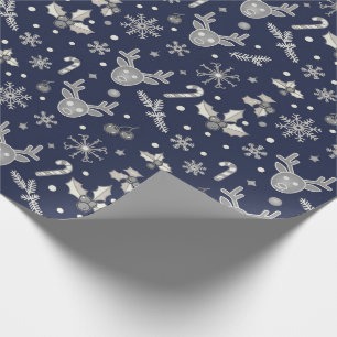 Navy Blue Reindeer and Snowflake Pattern Elegant Wrapping Paper