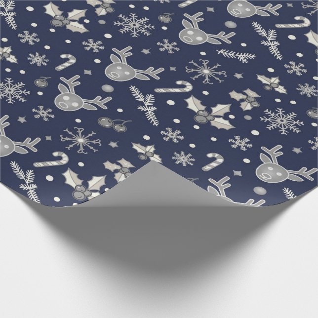 Navy Blue Reindeer and Snowflake Pattern | Elegant Wrapping Paper (Corner)
