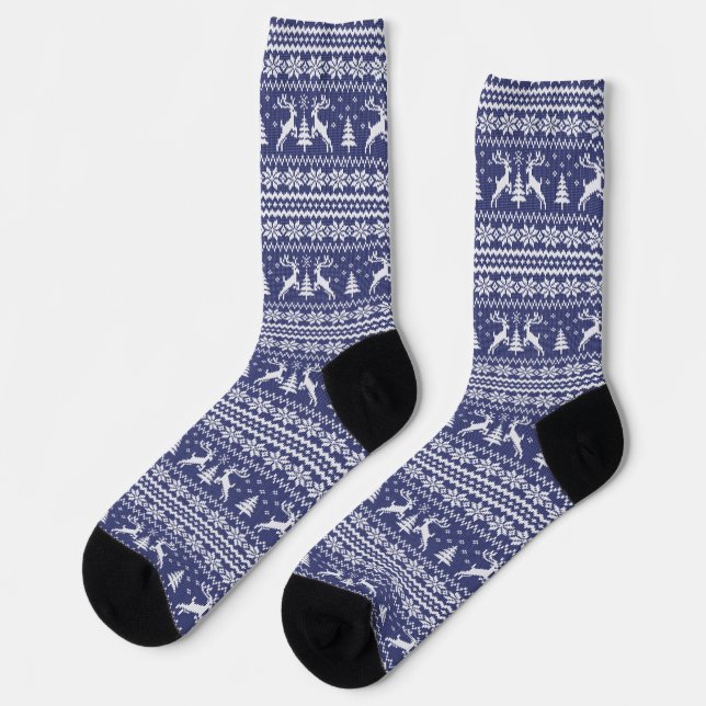 Navy Blue Reindeer Sweater Looking Christmas  Socks (Left)