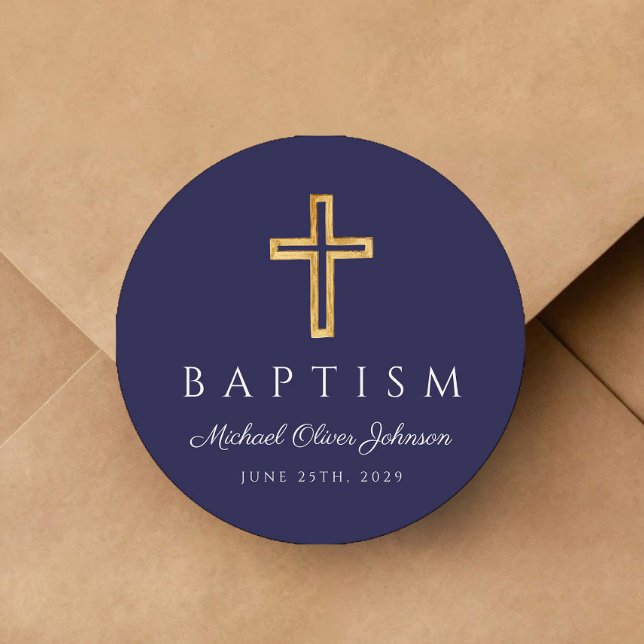 Navy Blue Religious Cross Boy Baptism Classic Round Sticker (Navy Blue Religious Cross Boy Baptism Classic Round Sticker)