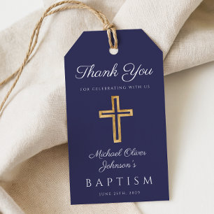 Navy Blue Religious Cross Boy Baptism Gift Tags