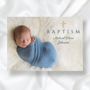Navy Blue Religious Cross Boy Baptism Photo Invitation