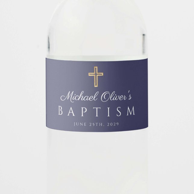 Navy Blue Religious Cross Boy Baptism Water Bottle Label (Navy Blue Religious Cross Boy Baptism Water Bottle Label)