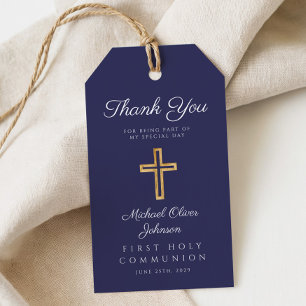 Navy Blue Religious Cross Boy First Communion Gift Tags