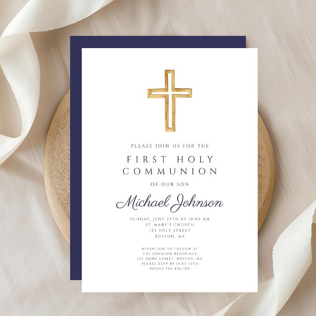 Navy Blue Religious Cross Boy First Communion Invitation (Navy Blue Religious Cross Boy First Communion Invitation)