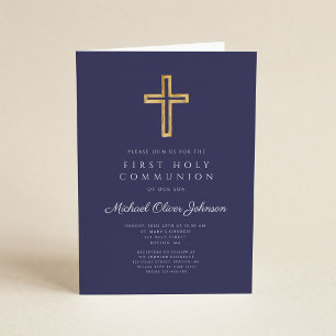 Navy Blue Religious Cross Boy First Communion Invitation