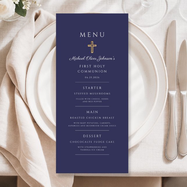 Navy Blue Religious Cross Boy First Communion Menu (Navy Blue Religious Cross Boy First Communion Menu)
