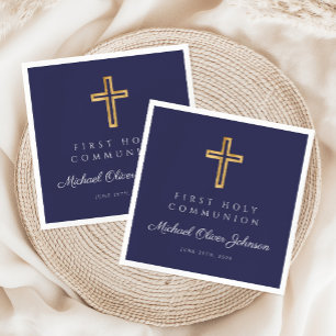 Navy Blue Religious Cross Boy First Communion Napkin