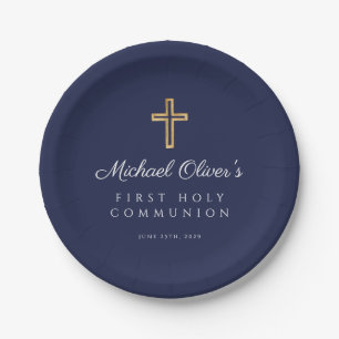 Navy Blue Religious Cross Boy First Communion Paper Plate
