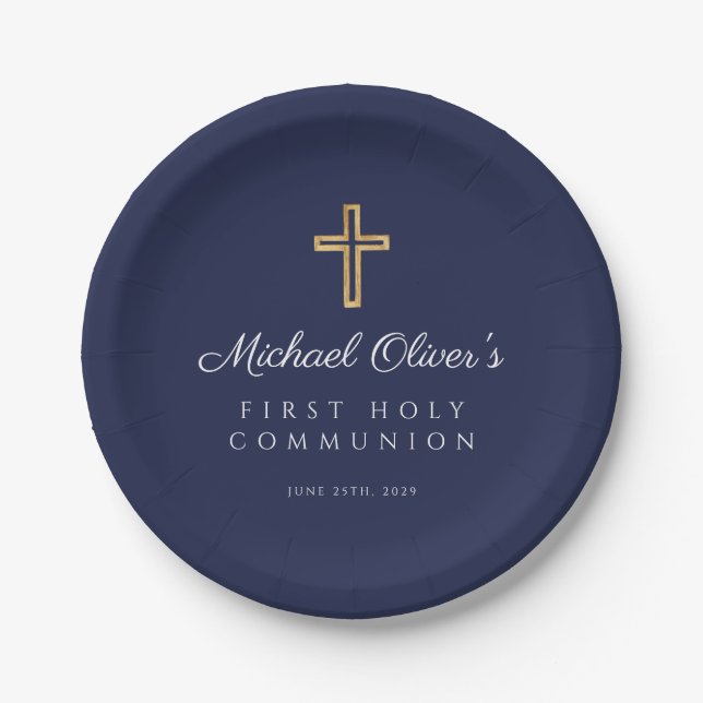Navy Blue Religious Cross Boy First Communion Paper Plate (Front)