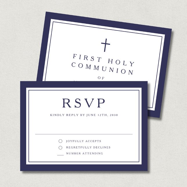 Navy Blue Religious Cross Boy First Communion  RSVP Card (Navy Blue Religious Cross Boy First Communion RSVP Card)