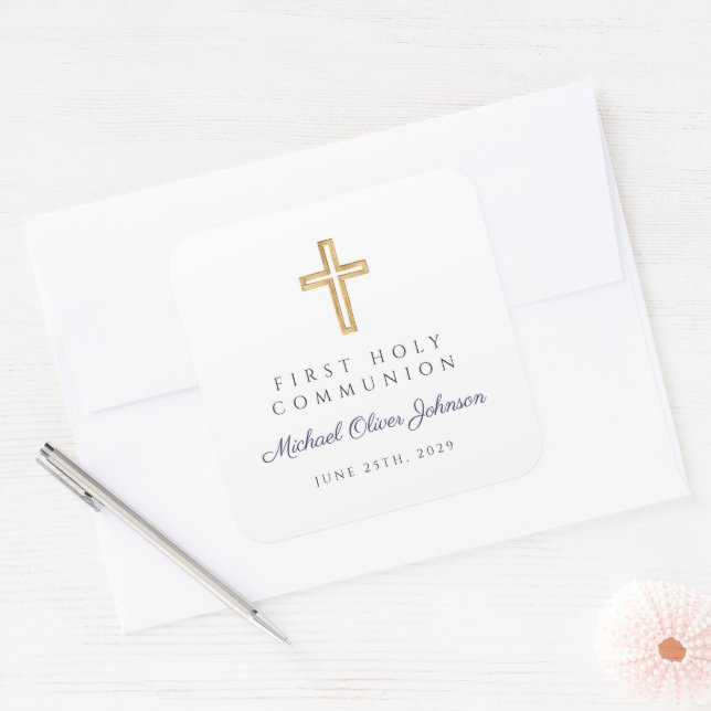 Navy Blue Religious Cross Boy First Communion Square Sticker (Envelope)