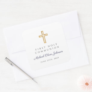 Navy Blue Religious Cross Boy First Communion Square Sticker