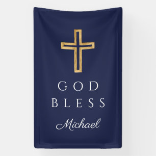 Navy Blue Religious Cross Boy God Bless Banner