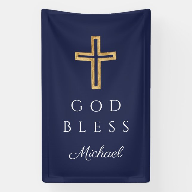 Navy Blue Religious Cross Boy God Bless Banner (Vertical)