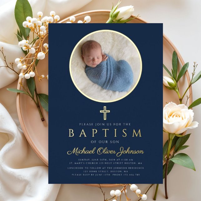 Navy Blue Religious Cross Boy Photo Baptism Gold (Navy Blue Religious Cross Boy Photo Baptism Gold Foil Invitation)