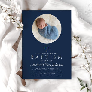 Navy Blue Religious Cross Boy Photo Baptism Invitation
