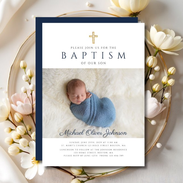 Navy Blue Religious Cross Photo Boy Baptism Invitation (Navy Blue Religious Cross Photo Boy Baptism Invitation)