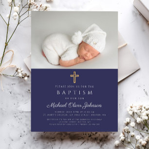 Navy Blue Religious Cross Photo Boy Baptism Invitation