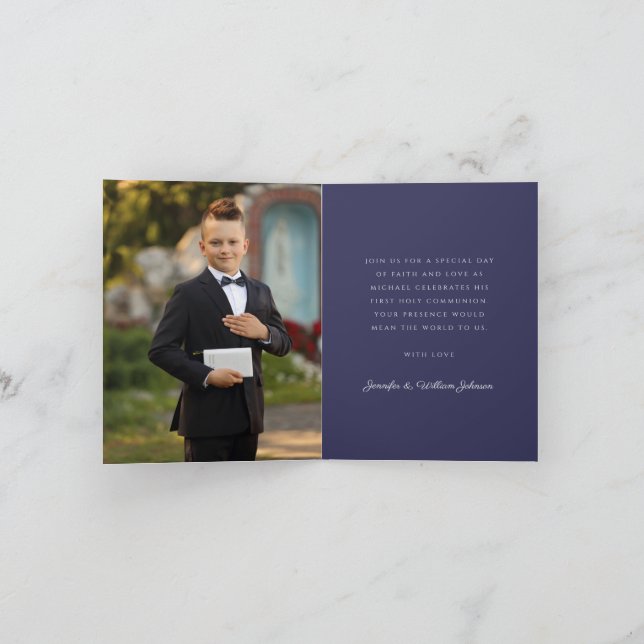 Navy Blue Religious Photo Boy First Communion Invitation (Inside)