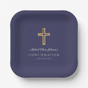 Navy Blue Religious Wood Cross Boy Confirmation Paper Plate