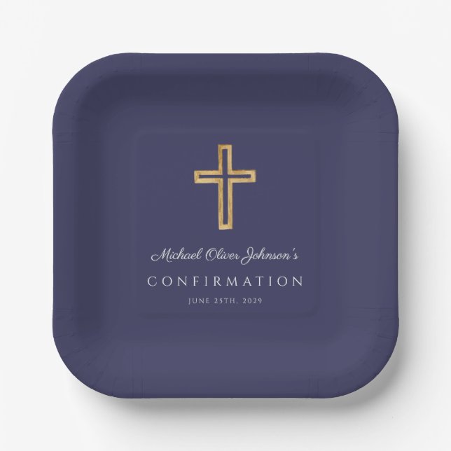 Navy Blue Religious Wood Cross Boy Confirmation Paper Plate (Front)