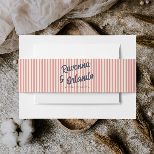 Navy Blue Retro Blush Pink Stripes Wedding Invitation Belly Band