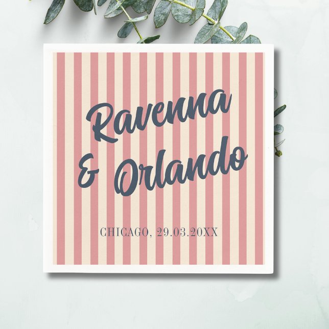 Navy Blue Retro Blush Pink Stripes Wedding Napkin (Creator Uploaded)
