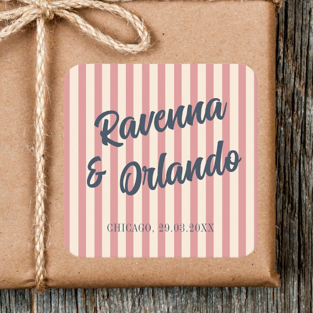 Navy Blue Retro Blush Pink Stripes Wedding Square Sticker (Creator Uploaded)