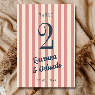 Navy Blue Retro Blush Pink Stripes Wedding Table Number