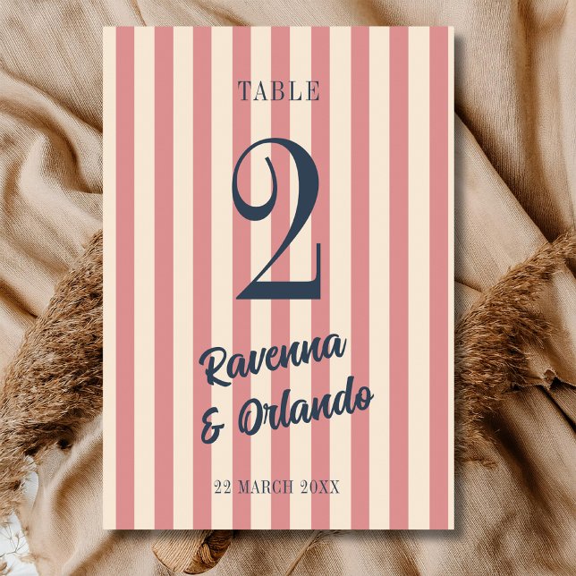 Navy Blue Retro Blush Pink Stripes Wedding Table Number (Creator Uploaded)