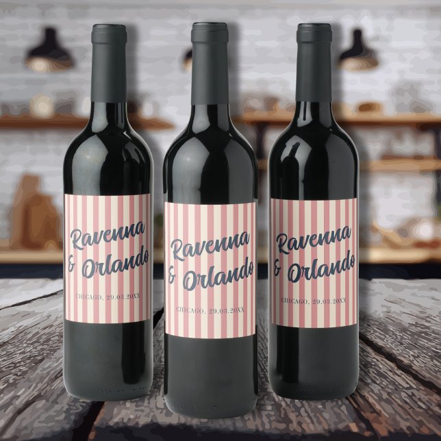 Navy Blue Retro Blush Pink Stripes Wedding Wine Label (Creator Uploaded)