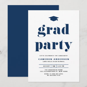 Navy Blue Retro Bold Typography Graduation Party Invitation